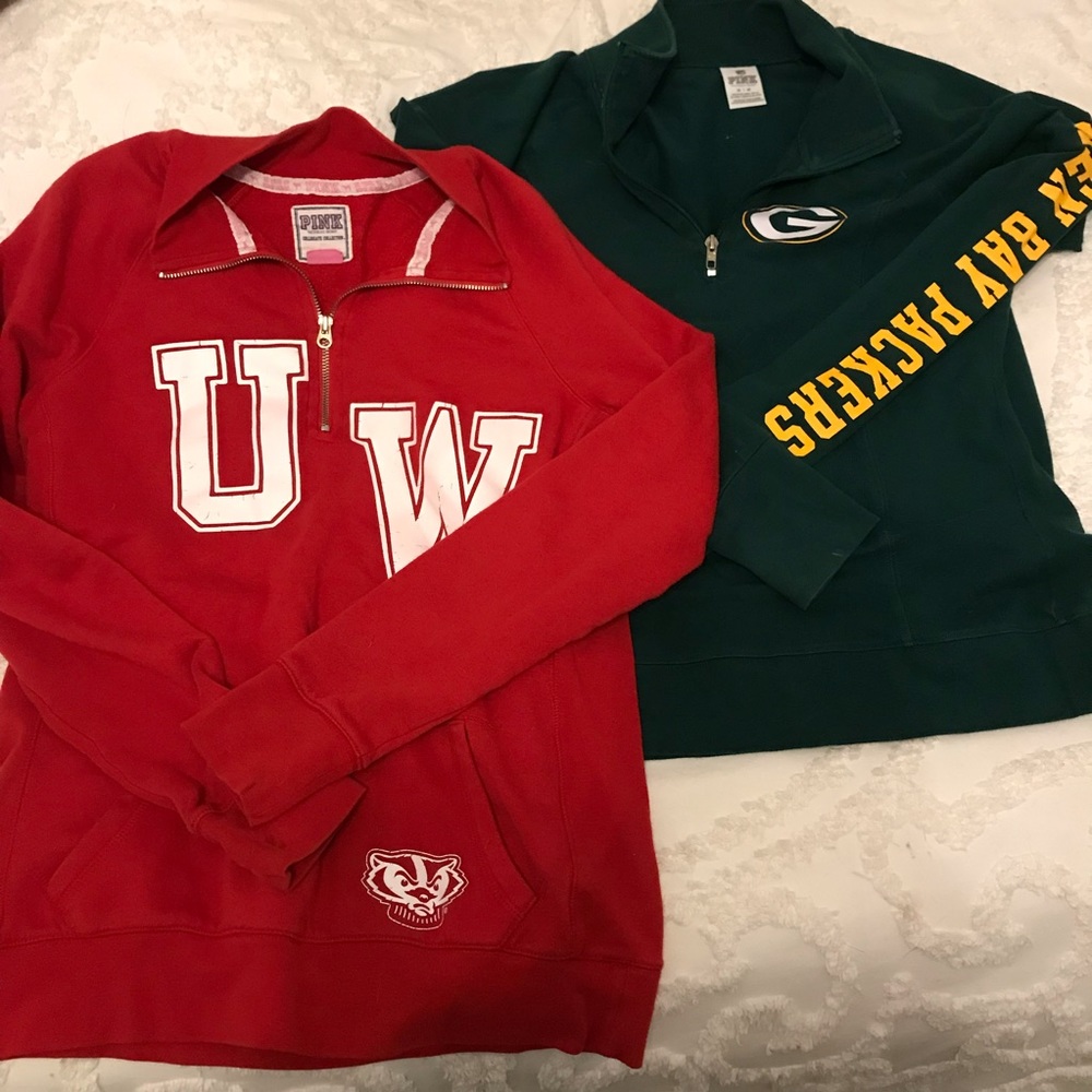 2 Victoria’s Secret Badger and Packer 1/4 Zip Sweatshirts